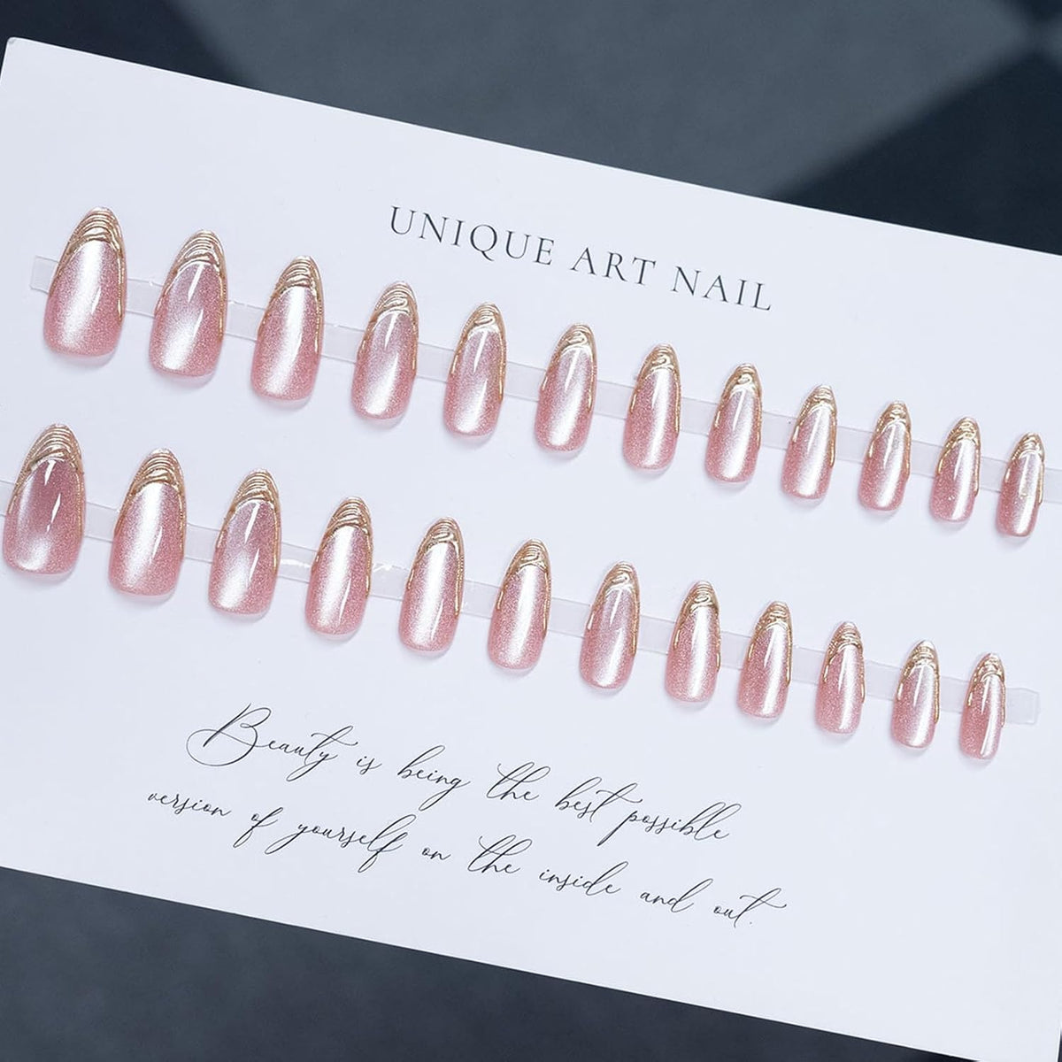 French Tip Press on Nails Almond Medium Fake Nails with Chrome Glitter Designs Nails Press ons Pink Gold Glue on Nails Natural False Nails Glossy Artificial Nails Simple Stick on Nails for Women 24Pcs