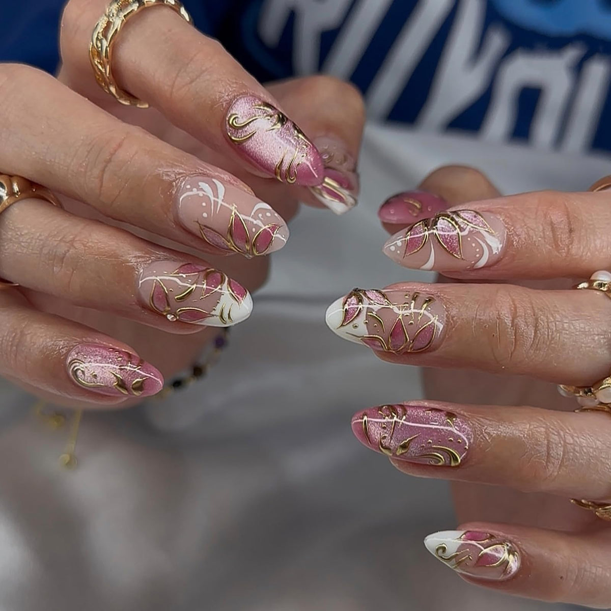 Summer Press on Nails Almond Pink Floral Shell Pearl Gold Dot Fake Women