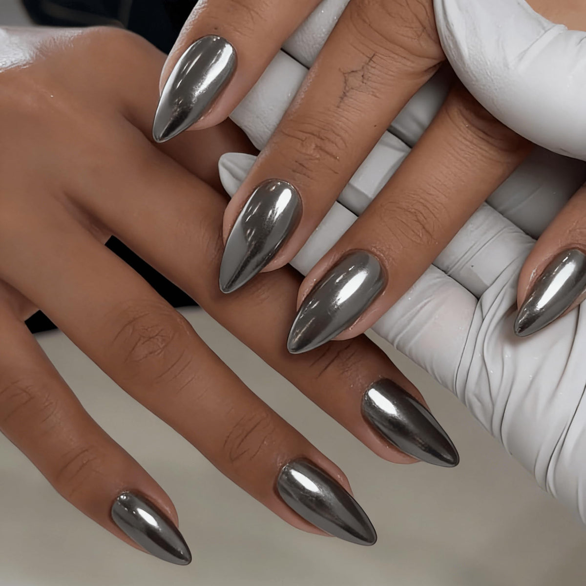 White French Tip Press On Nails Almond - KQueenest Chrome Press On Nails Medium, Glazed Natural Light Nude Fake Nails Press on, Reusable Glue on Nails Stick On Nail for Women Bridal Wedding