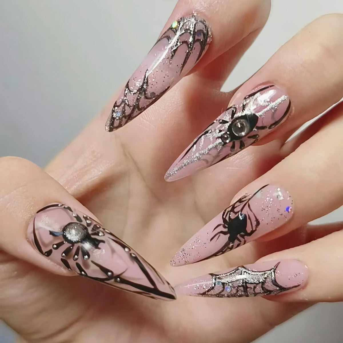 BABALAL Press On Nails Extra Long Stiletto Fake Nails Amber Tortoise Leopard Print 3D Metal Gold Swirl with Rhinestone Vintage Y2K Fall Luxury Glue On Nails