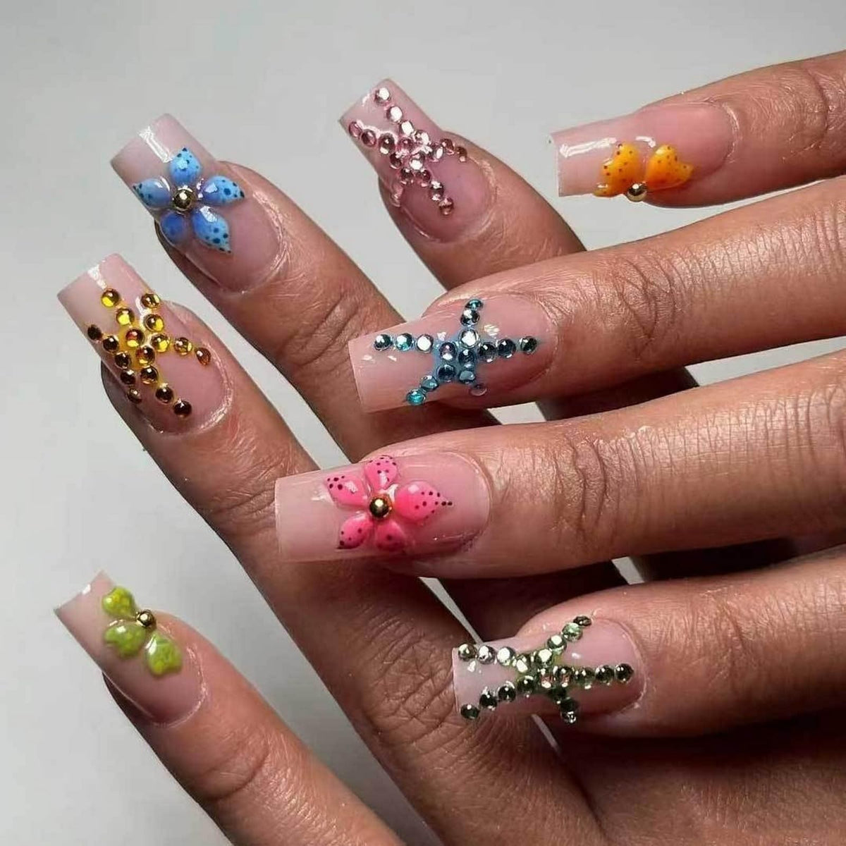 Almond Press on Nails Medium, Handmade White French Tip 3D Nude Fake Nails with Pearl Flower Leaf, Reusable Acrylic Stick On Nails for Women Wedding Bridal Party 24Pcs