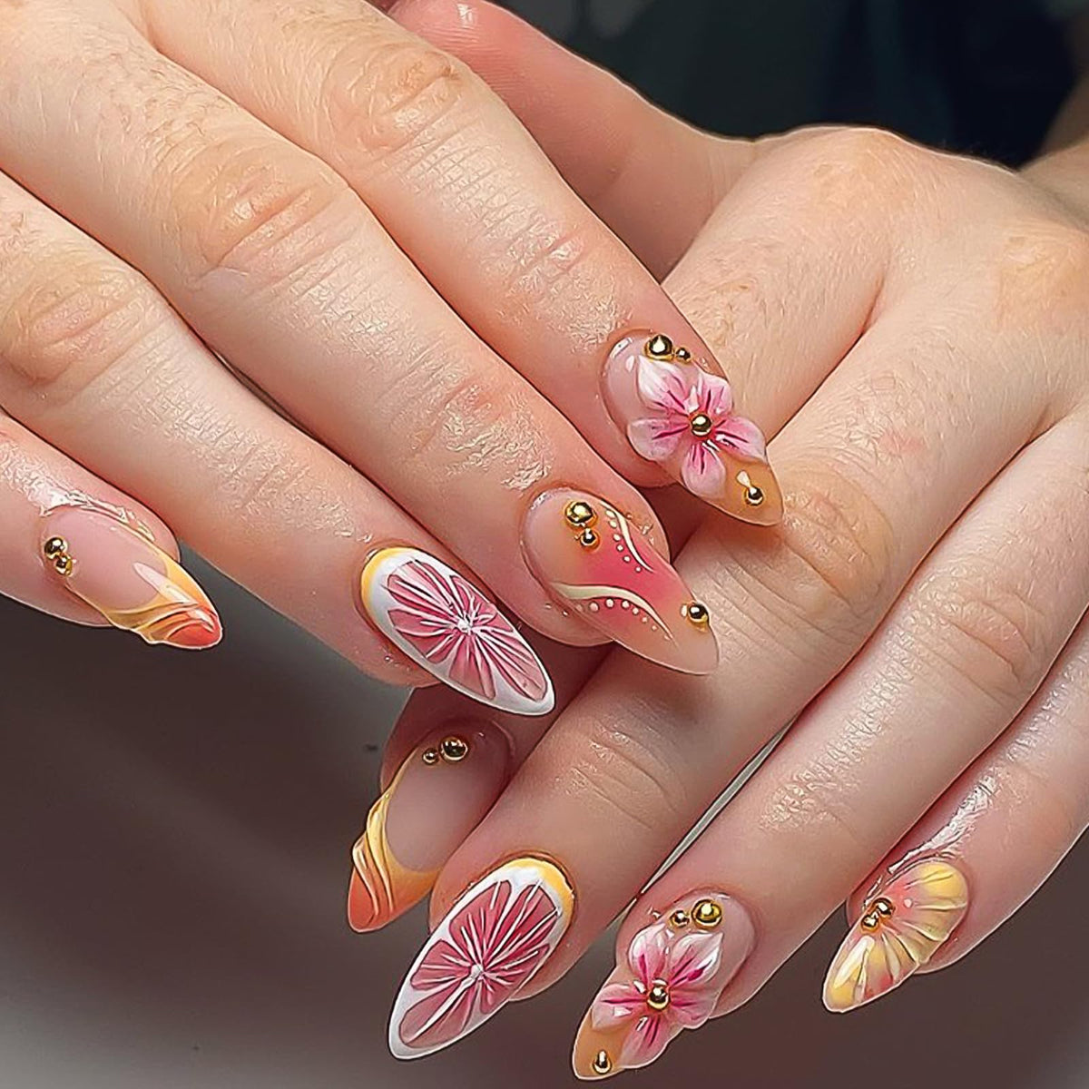 Press on Nails Medium Almond - 3D Red Hibiscus Flower Olive Green Fake Nails, Jade Agate Retro Stick on False Nails for Women & Girls, 30 Pcs