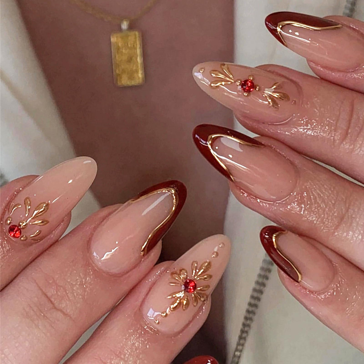 MERVF Medium Almond Press on Nails - White Ombre French Tip Fake Acrylic Nails, Rhinestones Gold Rings Design Wedding Glossy Finish 24pcs