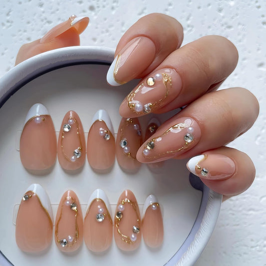 Nude Pearl Gold French Press on Nails Medium Almond Fake Nails Kit 24PCS
