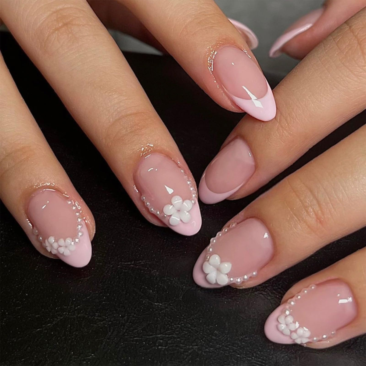 HOSAILY Medium Almond White French Tip Press on Nails 3D White Embossed Floral Designs Fake Nails Pearl Gold Glue on Nails Rhinestones Stick on Nails, 24PCS Bridal Luxury Nails for Women Daily Wedding
