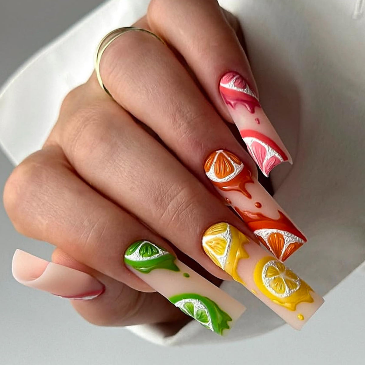 Long Square Press on Nails Bling Gold Chain & Crystal Nails,Fake Nails Artificial Stick on Nails for Women, Nude Pink Glam Prom Wedding Nails with Diamonds