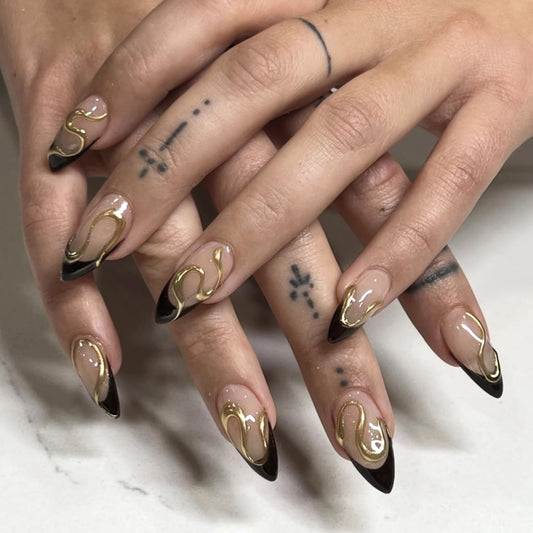 Black French Tip Press On Nails Almond Stiletto, Nude Glossy Fake Nails