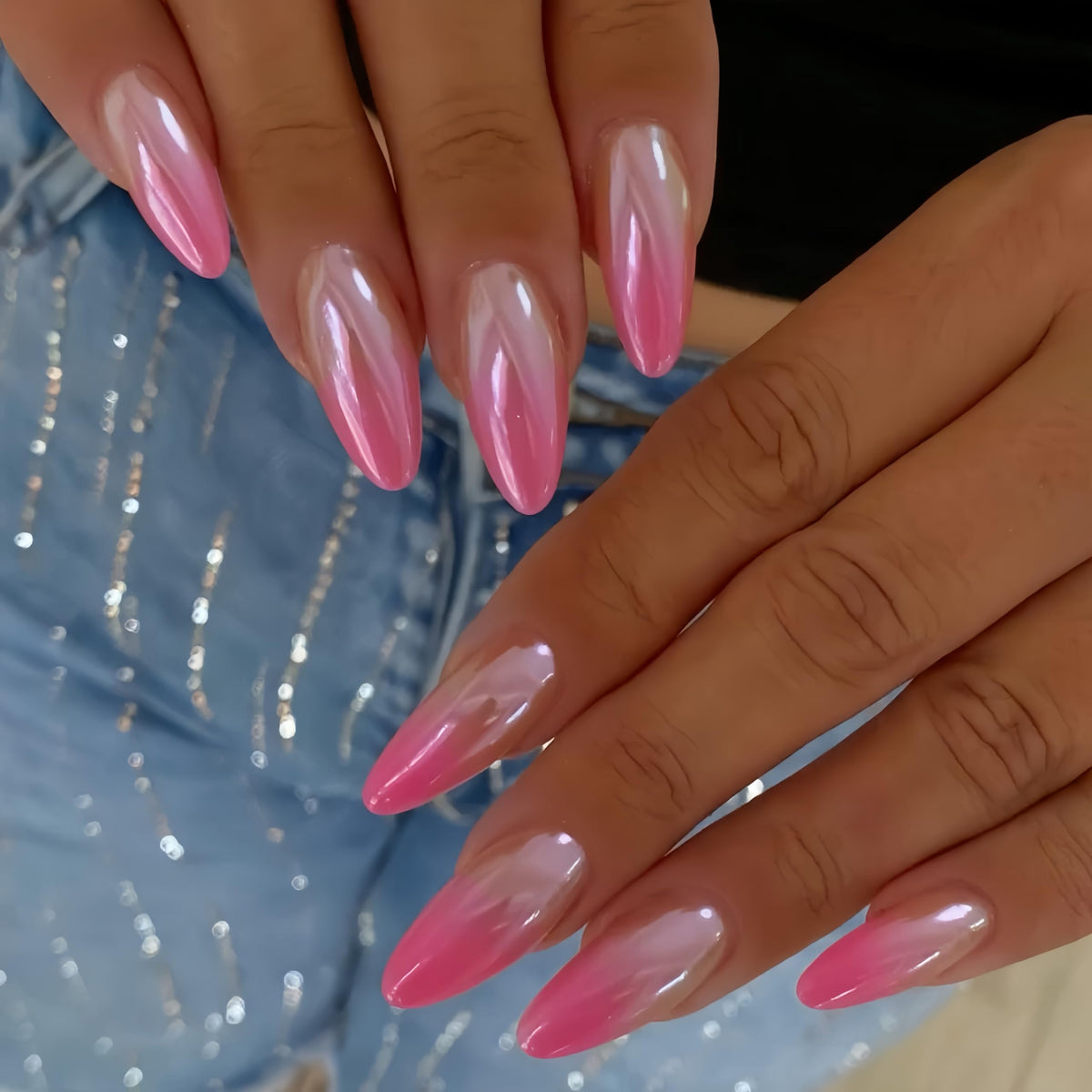 White French Tip Press On Nails Almond - KQueenest Chrome Press On Nails Medium, Glazed Natural Light Nude Fake Nails Press on, Reusable Glue on Nails Stick On Nail for Women Bridal Wedding