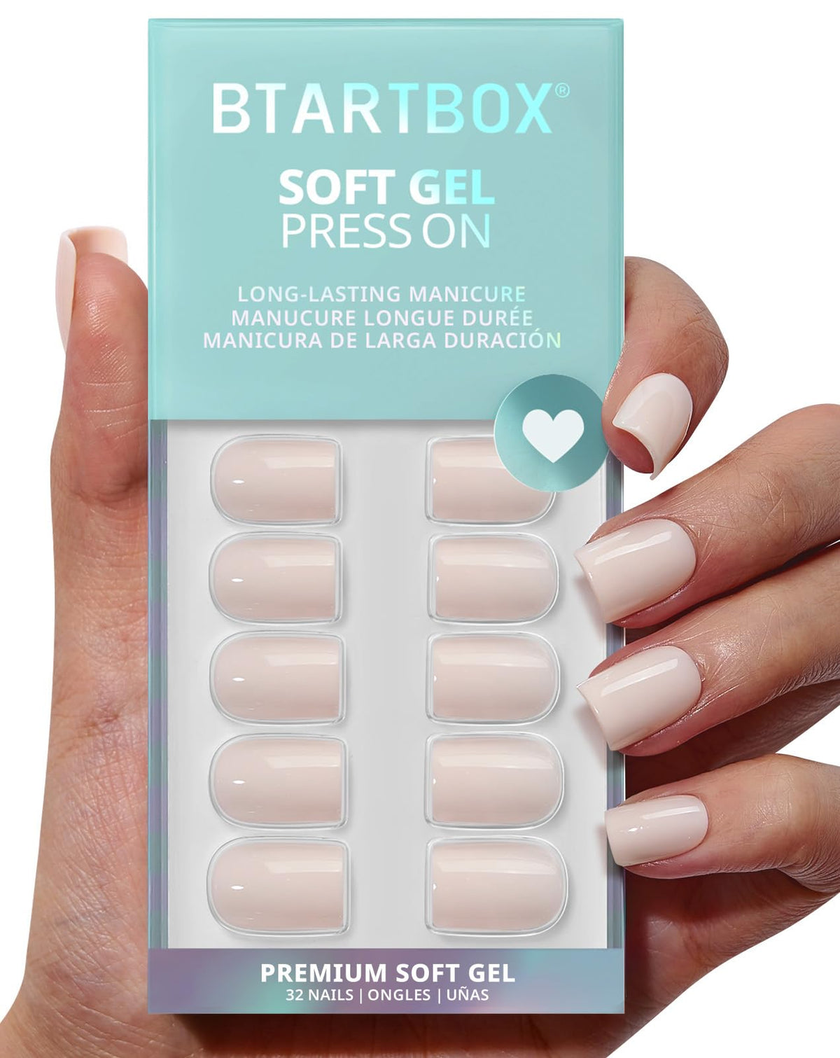 BTArtbox Press On Nails, Short Square Pink Fake Nails, 32Pcs Full Kit