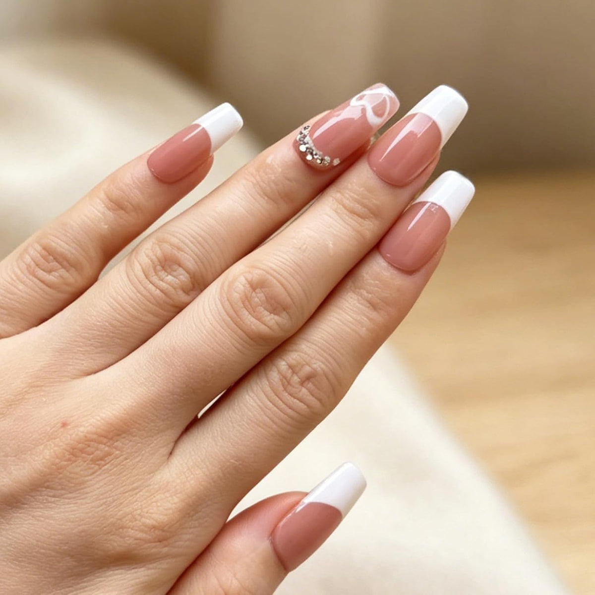 White Medium Square Handmade Press On Nails, French Tip 3D Heart Design