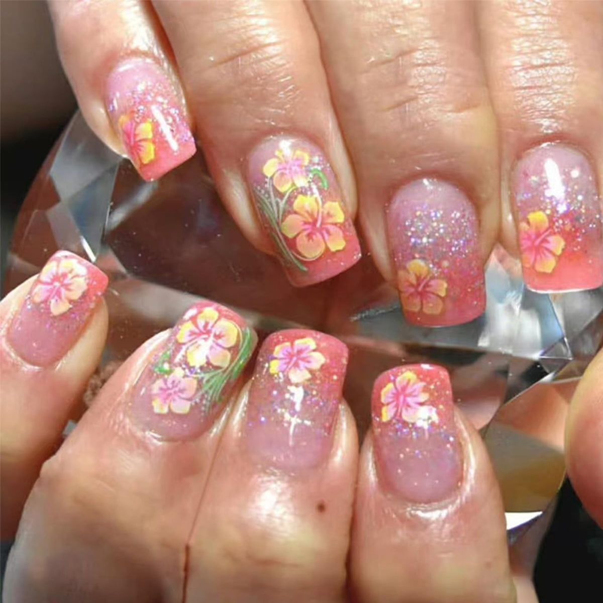 Green Press on Nails Medium Almond Fake Nails with 3D Pearl Rhinestones Designs Gold French Tips Flower Acrylic Nails False Nails White Floral Full Cover Glossy Stick on Nails for Women 24Pcs