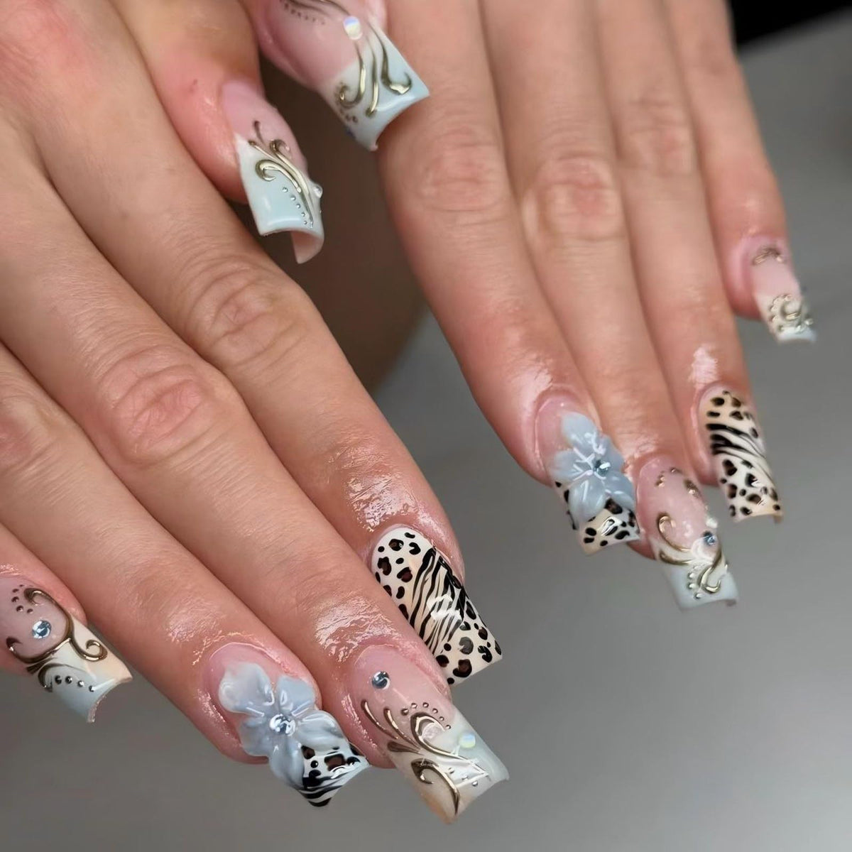 Almond Press on Nails Medium Fake Nails with 5D Metal Lines Charm Design Glossy Pink Nails Press on Curve Glue on Nails Reusable Luxury Silver Beads Acrylic Nail for Women 24Pcs