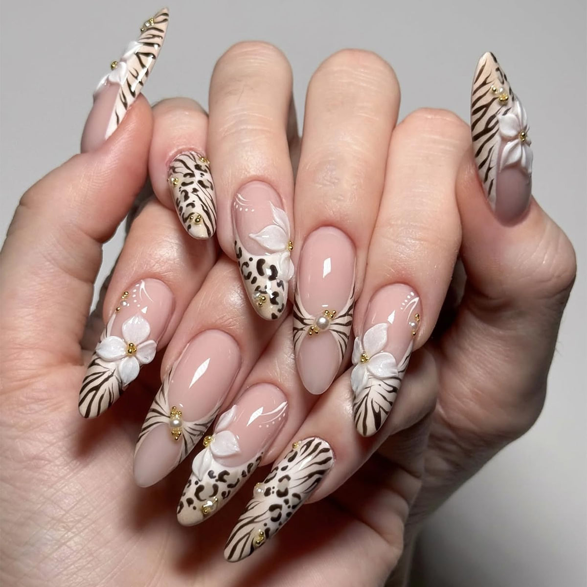IMRAIN Long Press on Nails Stiletto Pink Fake Nails Rhinestone & Flower Designs Glossy Glue on Acrylic Nails Full Cover Luxury Bling Handmade Stick on False Nails for Women 24Pcs