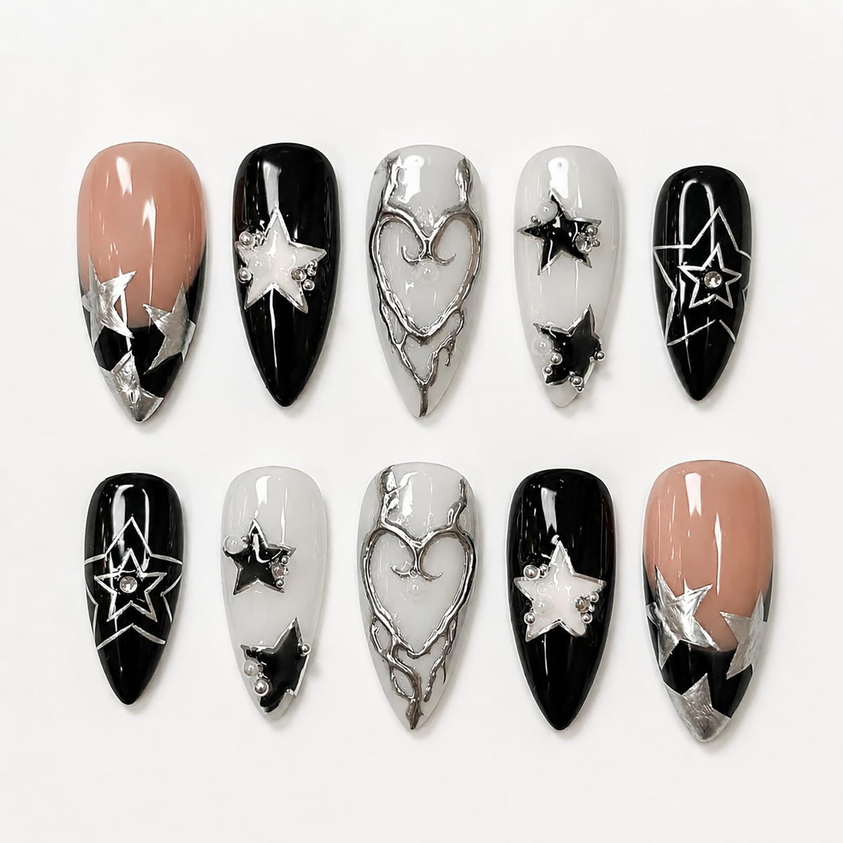 Handmade Almond Press on Nails Medium, Nude White French Tip Fake Nails with 3D White Flower Gold Metal Lines Pearl Decor, Glossy Reusable Full Cover False Nails for Women Wedding Daily(S)