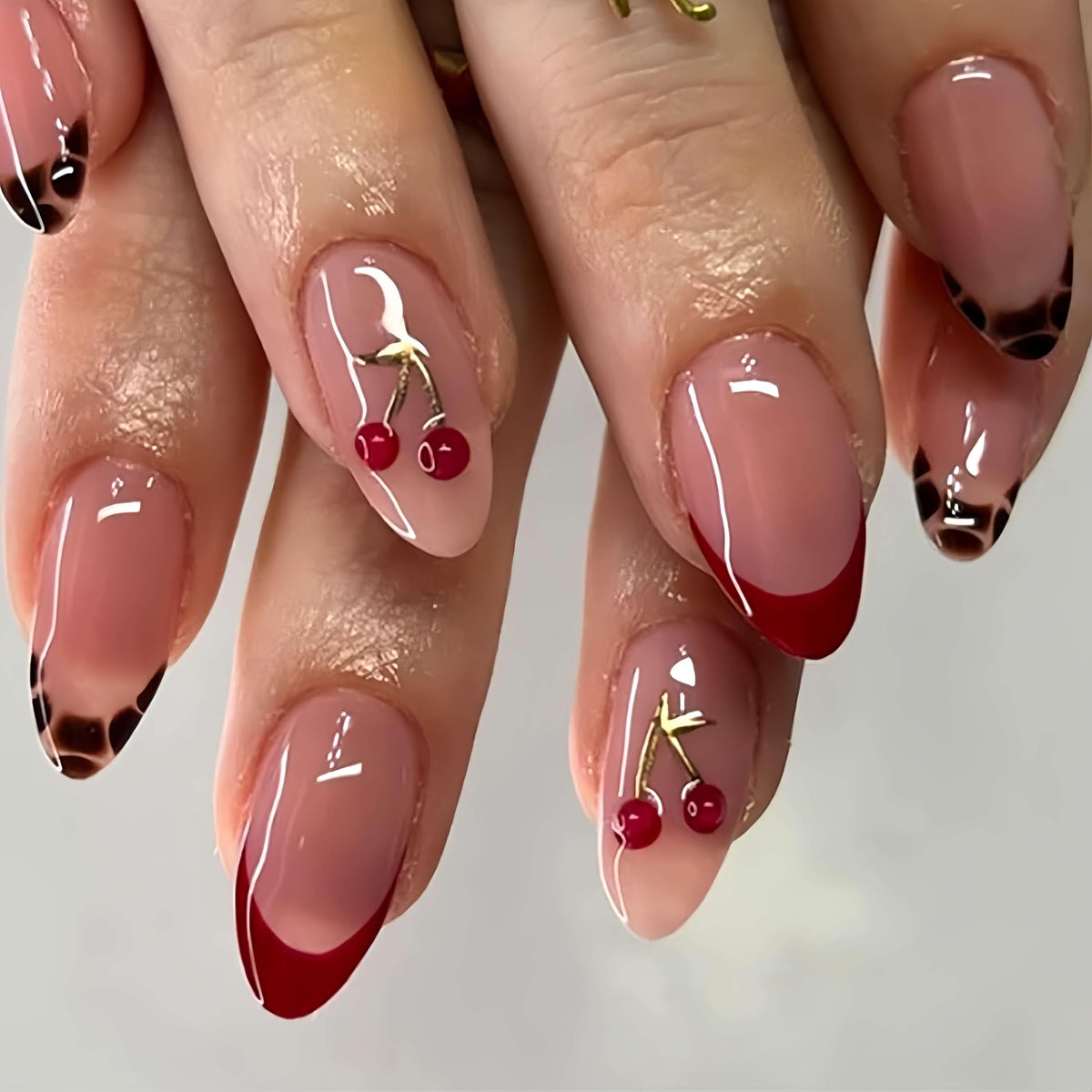 Medium Almond Press On Nails, Milky Nude Fake Nails with White French Tips, Gold Outline Design, Rhinestone and Pearl Accents, Glossy Reusable Glue On Nails for Women Wedding, 24PCS