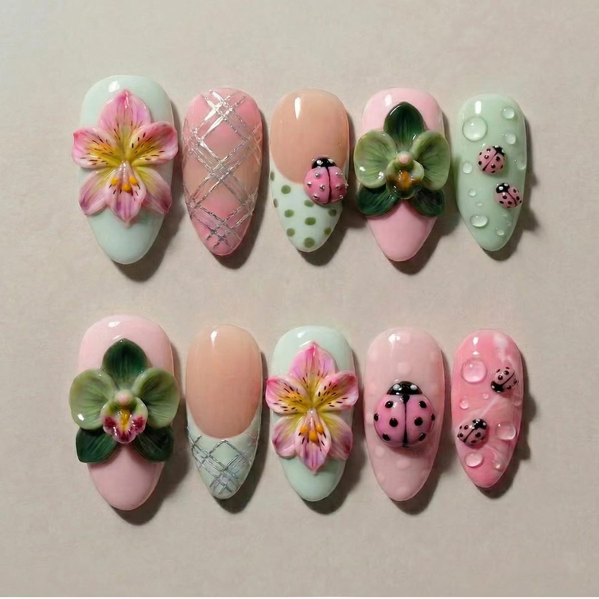 24Pcs Handmade Press on Almond Nails Nude Pink White Gold Flower Fake Nails Pearl False Nails Elegant Summer Nails Glue on Luxurious for Girl Women Stick on Nails Bridal Wedding Formal Events Life