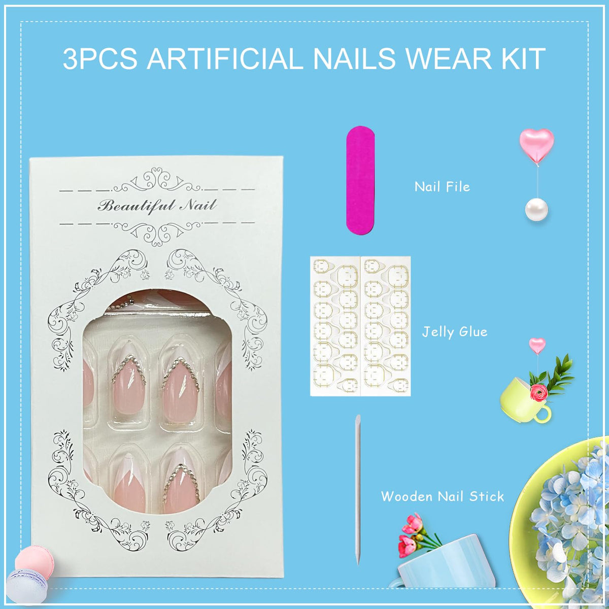 Tyuimhx White French Tip Press on Nails Medium Almond Fake Nail Rhinestones False Nails Glossy Full Cover Stick on Nail Acrylic Artificial Glue on Nail for Women 24 Pcs