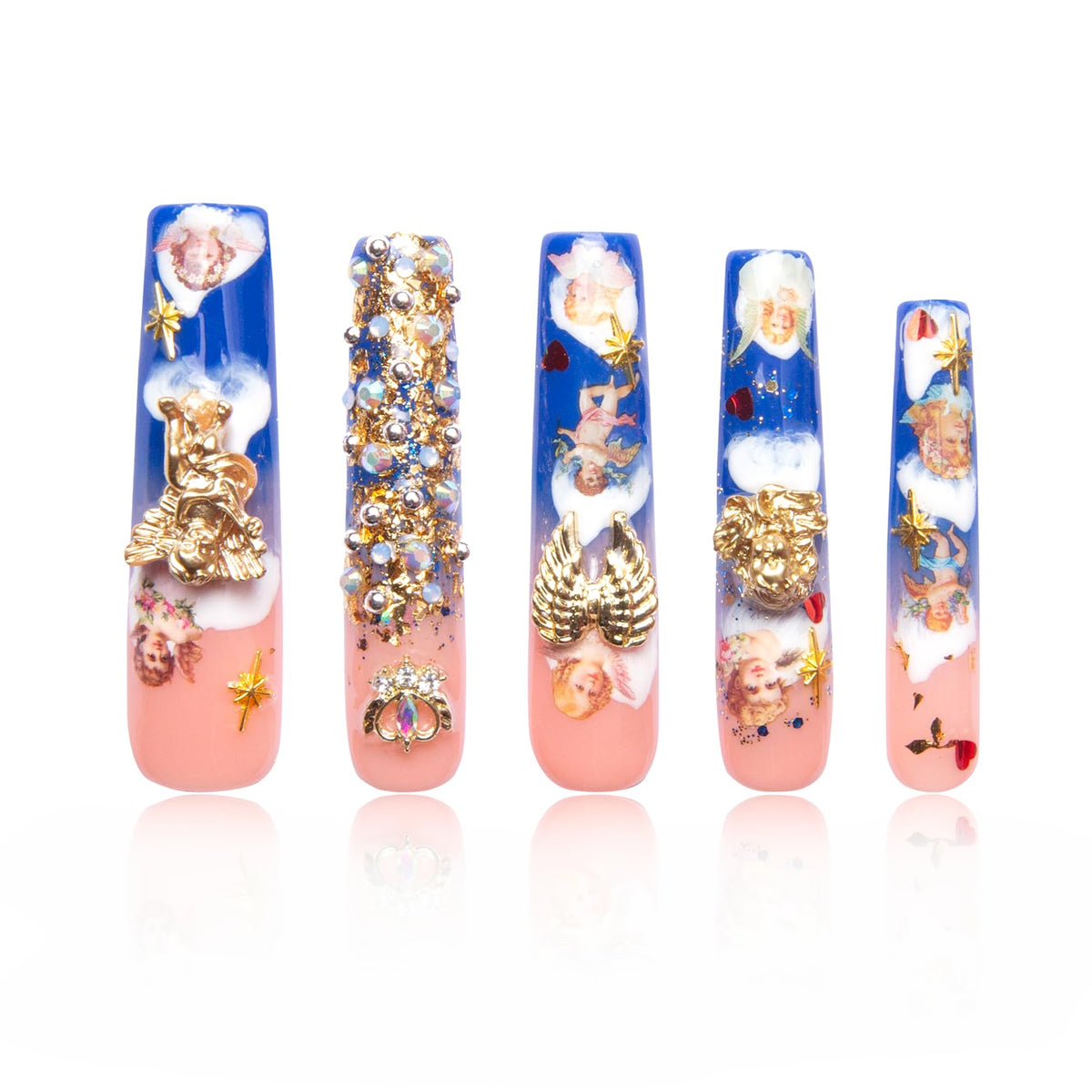 LOVFUL Gold Bling Press On Nails, Stunning Drill Glue On Nails, Luxury Fake Nails, Princess Nails | Handmade Nails l Fake Stick on nails | Square Long 2.2 in | H84(L)