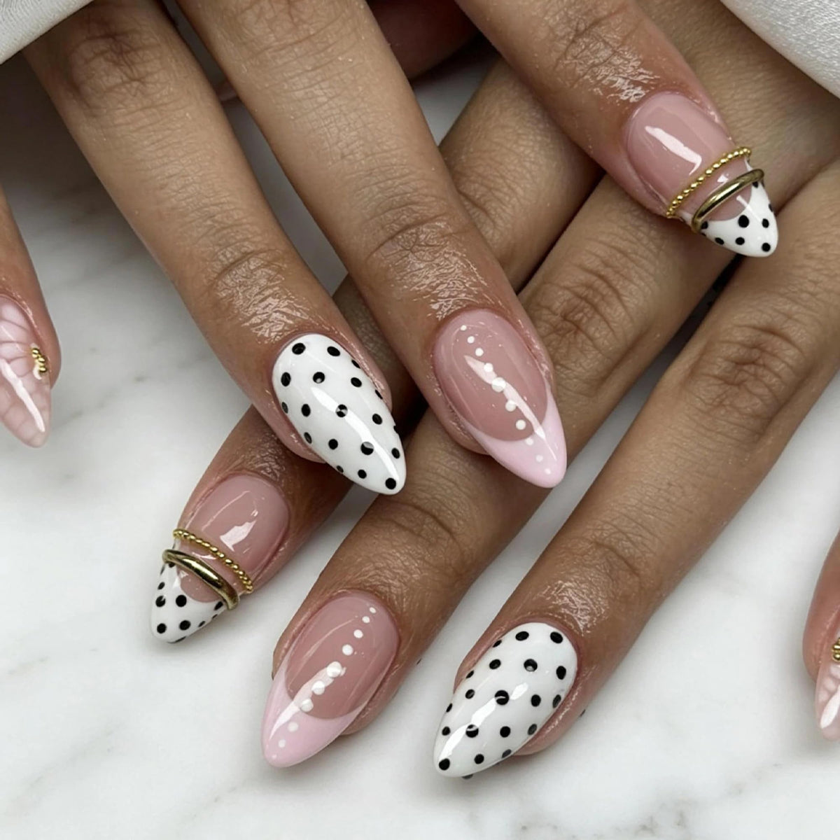 MERVF Medium Almond Press on Nails - White Ombre French Tip Fake Acrylic Nails, Rhinestones Gold Rings Design Wedding Glossy Finish 24pcs