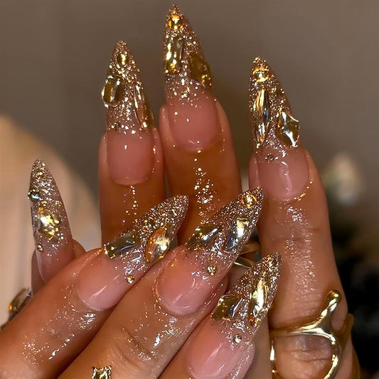 HOSAILY Long Almond Gold Glitter Press On Nails - Luxury French Shimmer Diamond Design, Holiday Party & Wedding False Nail, 24PCS Full Cover Gel Nail for Women- Autumn to New Year’s Elegance