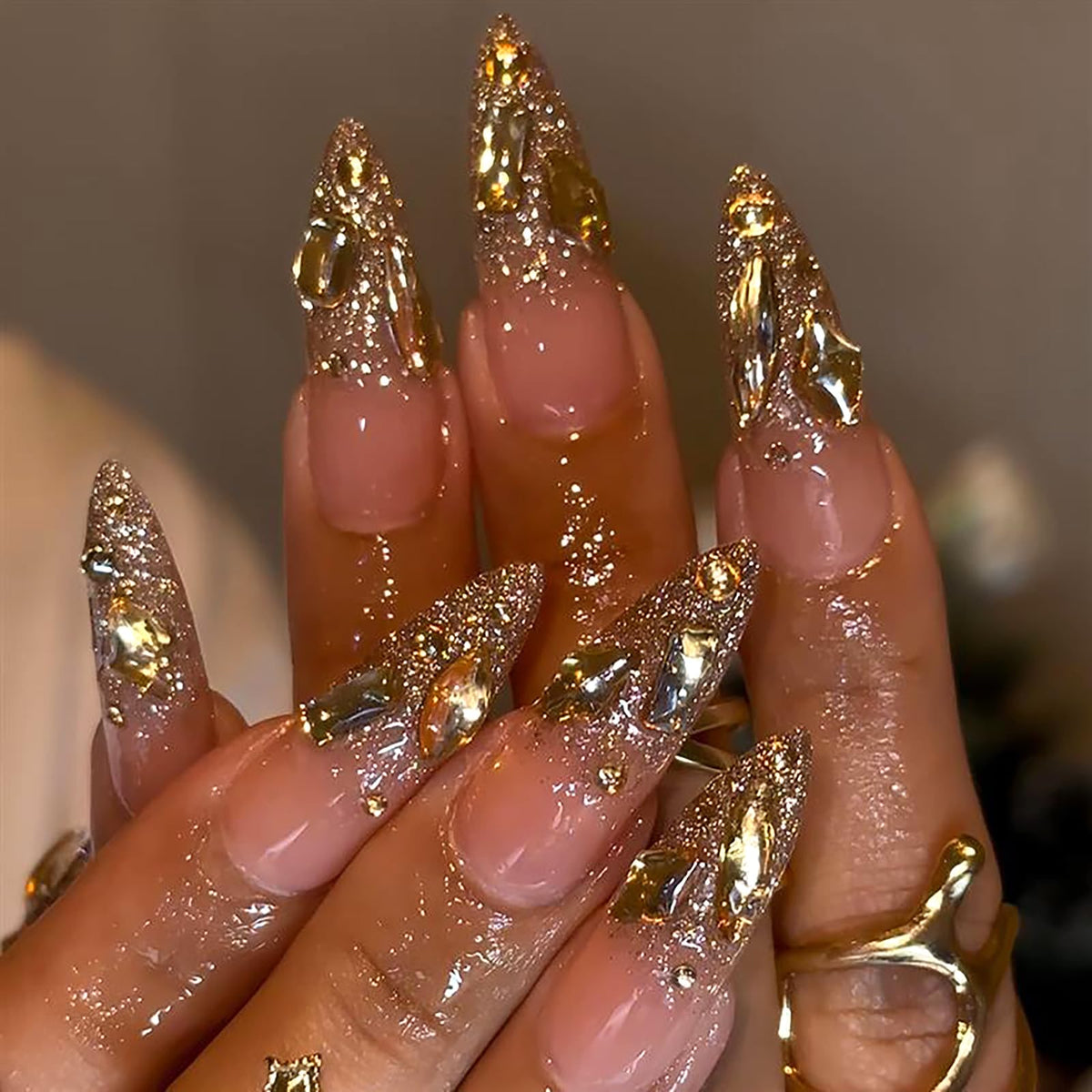HOSAILY Long Almond Gold Glitter Press On Nails - Luxury French Shimmer Diamond Design, Holiday Party & Wedding False Nail, 24PCS Full Cover Gel Nail for Women- Autumn to New Year’s Elegance