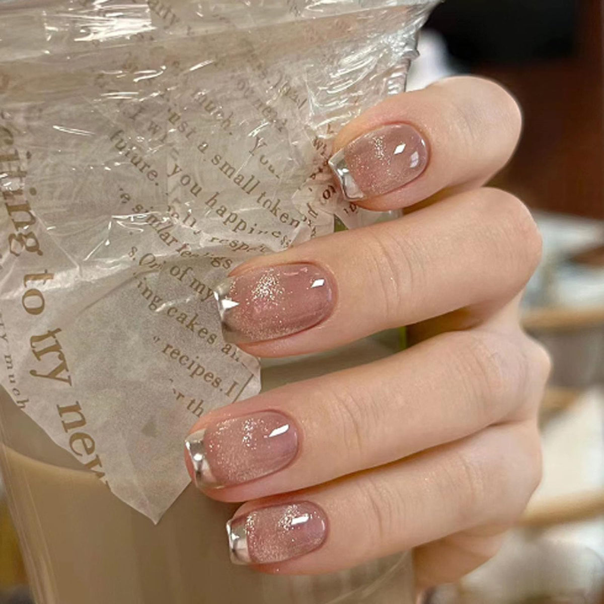French Tip Press on Nails Almond Medium Fake Nails with Chrome Glitter Designs Nails Press ons Pink Gold Glue on Nails Natural False Nails Glossy Artificial Nails Simple Stick on Nails for Women 24Pcs