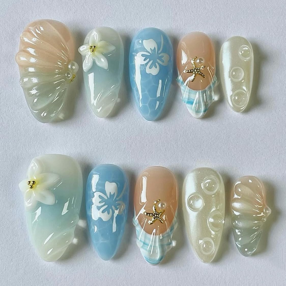 Green Press on Nails Medium Almond Fake Nails with 3D Pearl Rhinestones Designs Gold French Tips Flower Acrylic Nails False Nails White Floral Full Cover Glossy Stick on Nails for Women 24Pcs