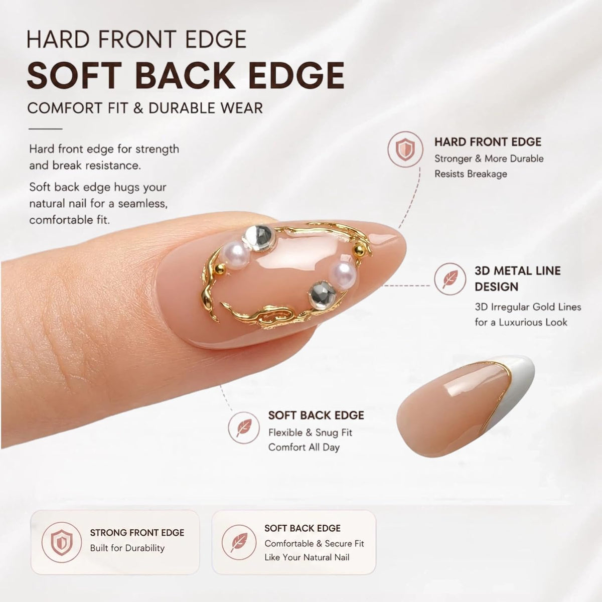 Nude Pearl Gold French Press on Nails Medium Almond Fake Nails Kit 24PCS