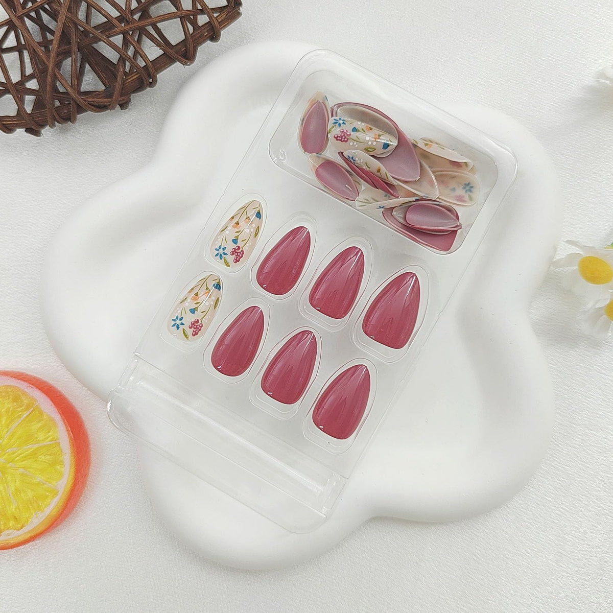 Short Press On Almond Fake Nails - Flower Acrylic Fall Nails Press Ons Full Cover Glue On Cute False Floral Stick On Nails for Women - 30 Pcs