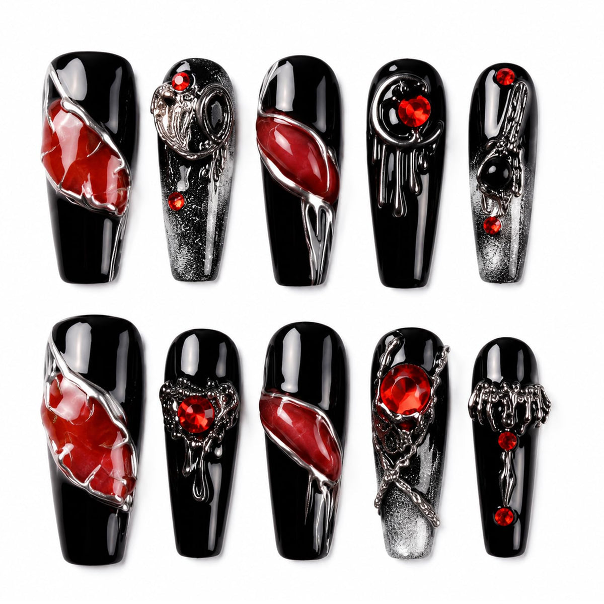 Handmade Press on Nails XL Long Square - Extra Long Orange French Acrylic Fake Nails with 3D Sculpted & Luxury Crystal Gems, Luxury Baddie Reusable False Nails 10 Pack (Size M)