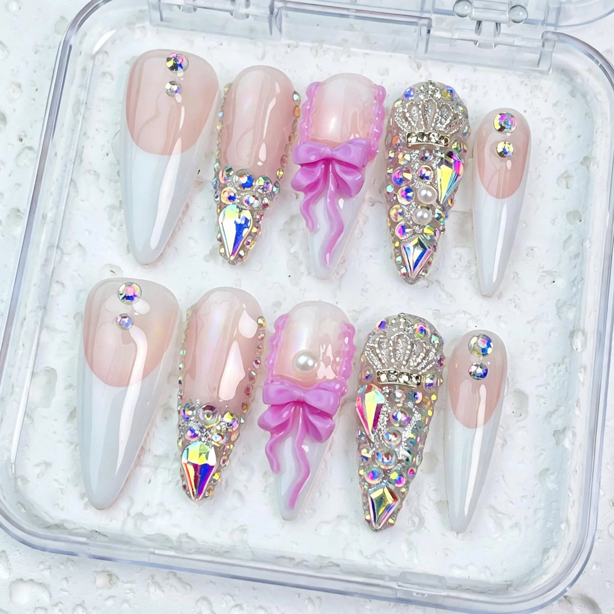 DivelleNails Handmade Press On Nails Collection 10pcs,Stiletto Nude Pink Gradient Nails,3D White Flower Gold Bangle Accent Blue Purple Heart Rhinestone,Reusable Acrylic False Nails