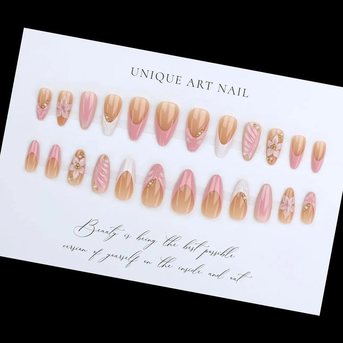 3D Pink Press on Nails Almond - Medium French Tip Fake Nails with Embossed Flower&Gold Bead Designs, Glossy Finish Reusable False Nails with Glue Tabs - 24Pcs Nail Kit for Women Manicure