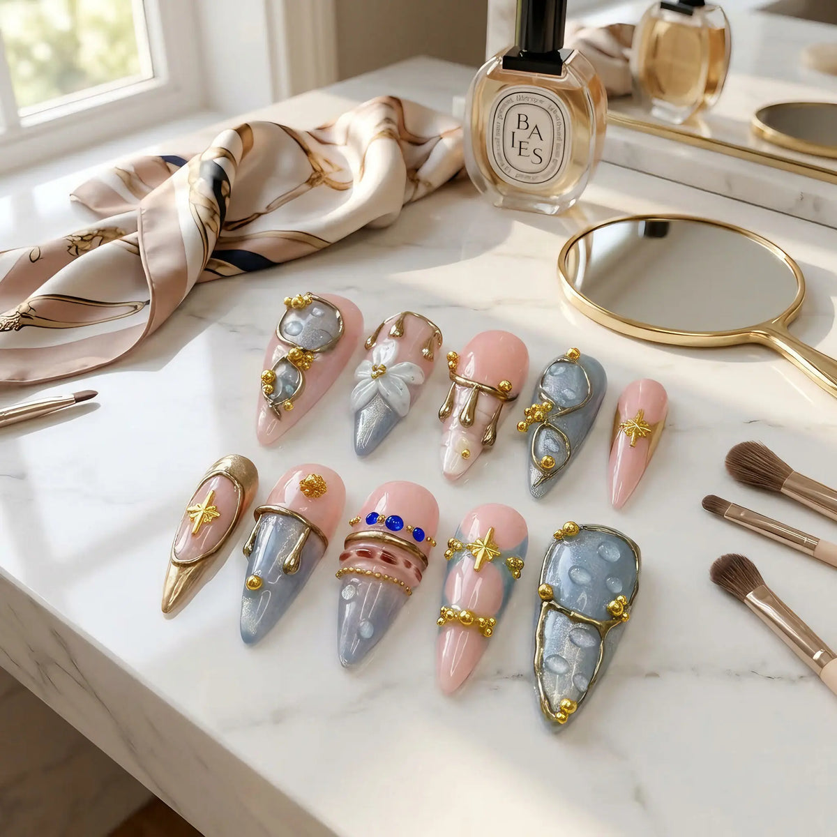 Angelcore Inspired Luxury Nail Art, Soft Pink Base with Ice Blue Chrome Effect, Gold Metal Details, Floral Texture and Elegant Minimal Design for Wedding Season, Fashion Events and Chic Everyday Looks