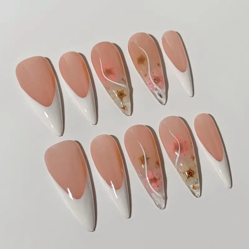 SHEDARES Blush Meadow – Handmade French Tip Long Stiletto Press-On Nails with Preserved Floral Inlays & Glossy Nude Finish – Perfect for Parties, Events & Birthday