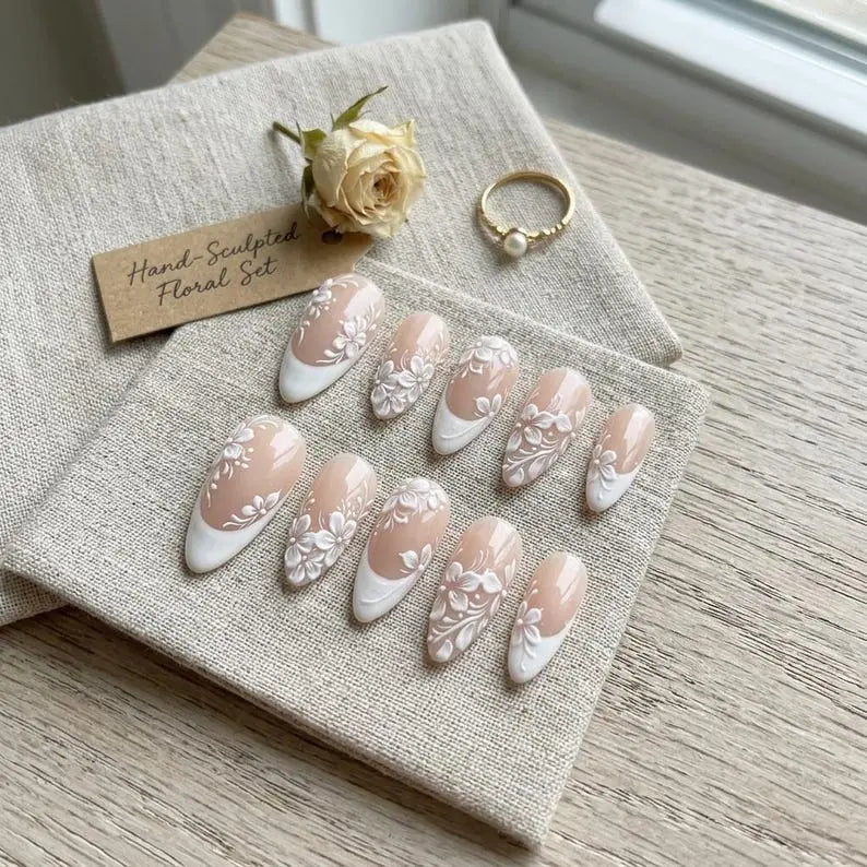 White Floral Press On Nails, Handmade Bridal Wedding Nails, Elegant Blossom Nail Set