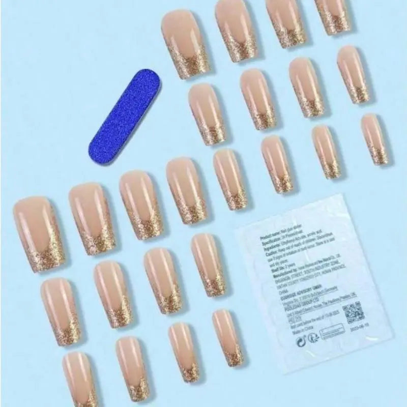 24Pcs Extra Long Golden Metallic French Press On Nails - Shiny Plastic Multi-Size False Nail Tips Set for Wedding Events, Casual Wear