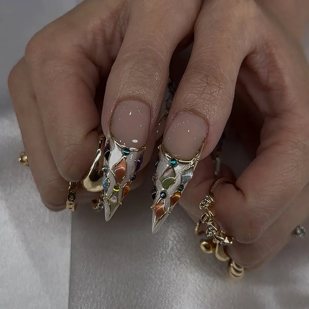 Crystal Armor Stiletto Press On Nails  Luxury Multicolor Gem Pointed False Nails
