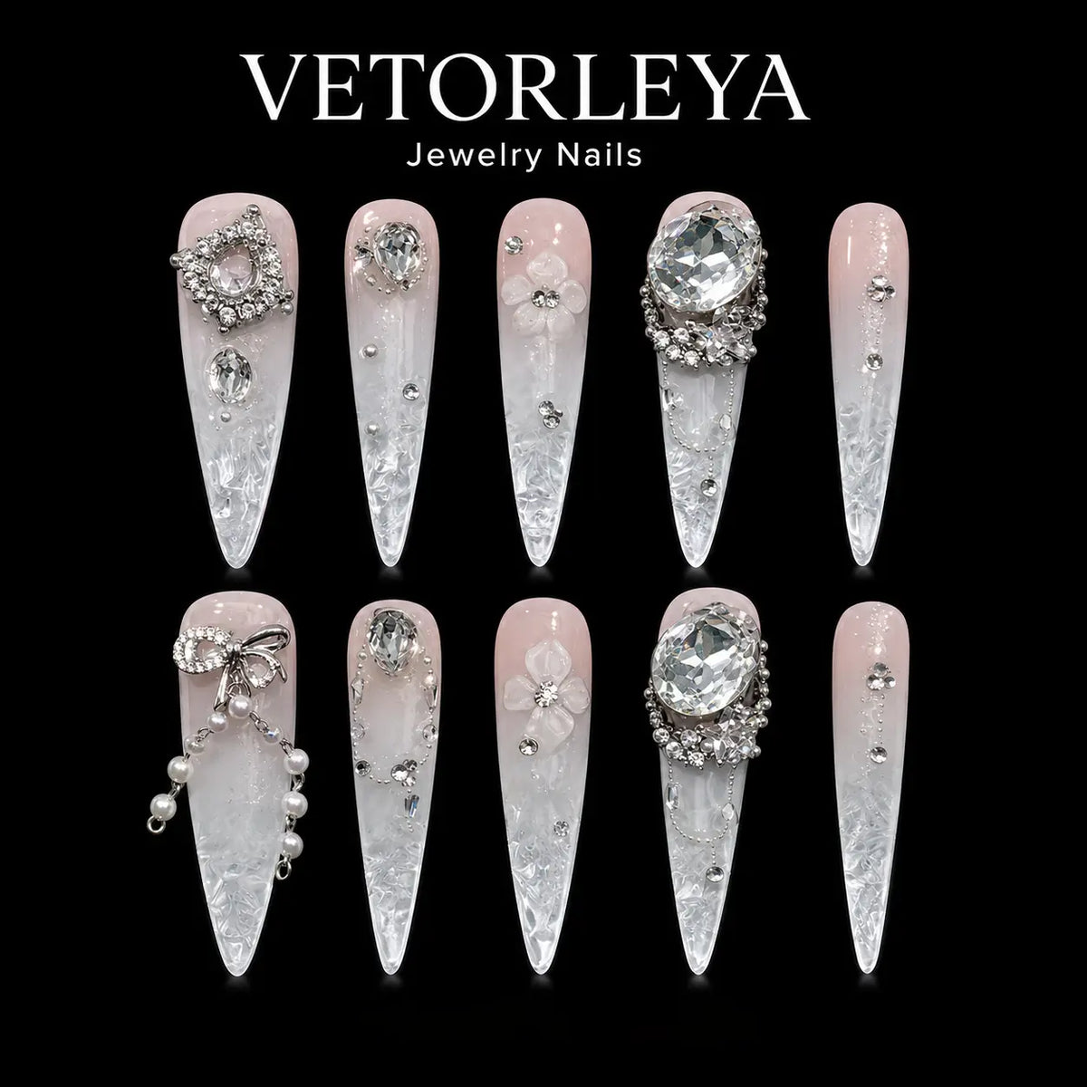 VETORLEYA Stiletto Press On Nails, Nude Clear Gradient 3D Bow Pearl Rhinestone Fake Nails，VDLYMJ29