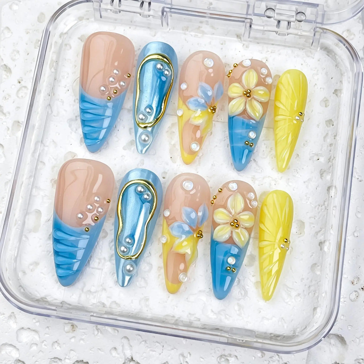 DivelleNails Handmade Press On Nails Collection 10pcs,Stiletto Nude Pink Gradient Nails,3D White Flower Gold Bangle Accent Blue Purple Heart Rhinestone,Reusable Acrylic False Nails