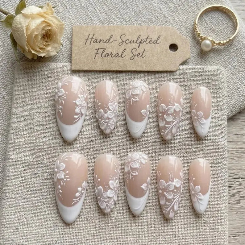 White Floral Press On Nails, Handmade Bridal Wedding Nails, Elegant Blossom Nail Set