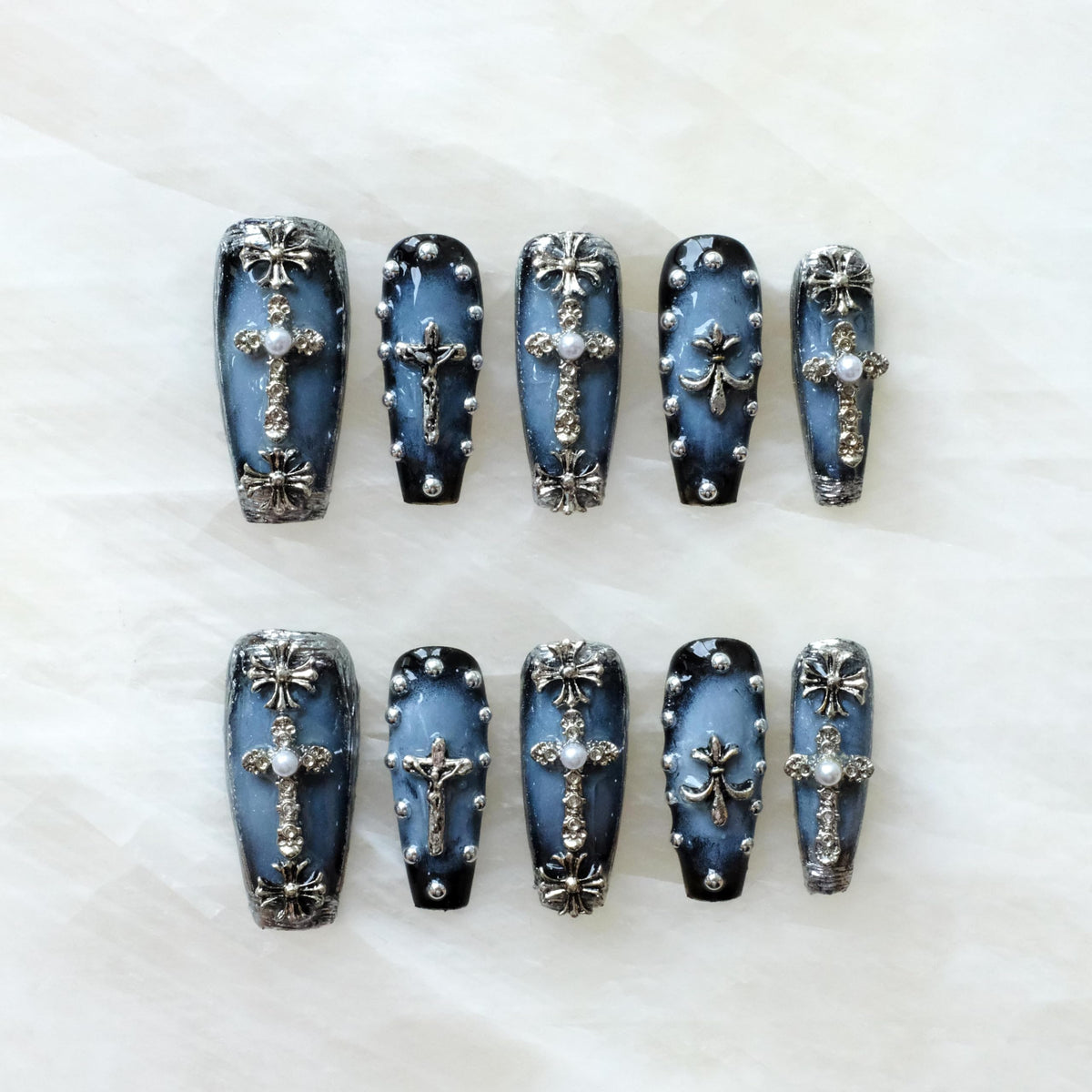 Luxury Handmade Press On Nails, Vintage Bohemian Style, Long Stiletto Shape, Crystal Heart Gems, Gold Stars Design, 10 Pieces (Large, LS)