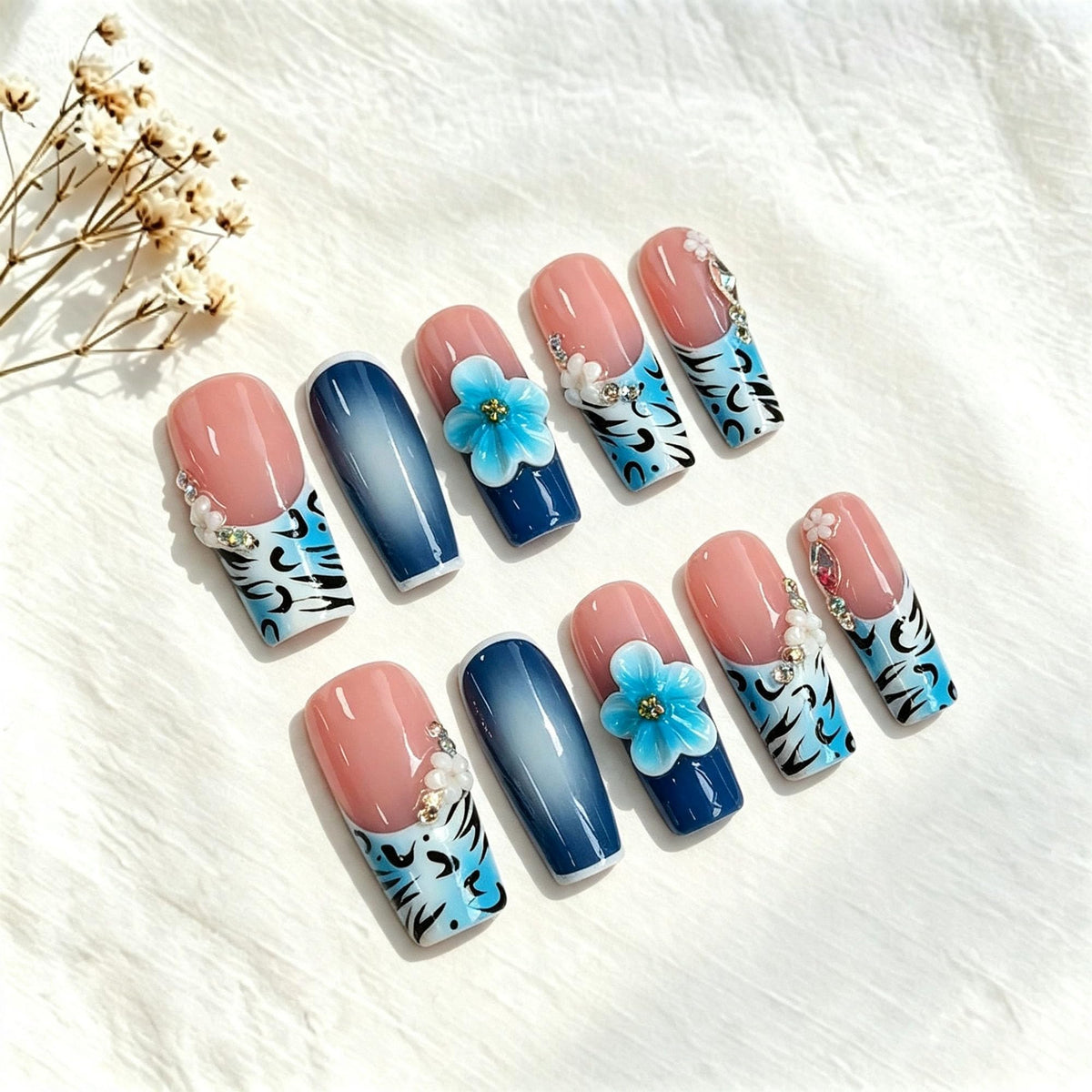 Luxury Handmade Press on Nails Long Coffin Fake Nails Rhinestone Crystal Full Cover False Nails with Glue with Designs Sparkly Long Acrylic Nail Reusable Stick on Nail for Women 10Pcs(Size M)