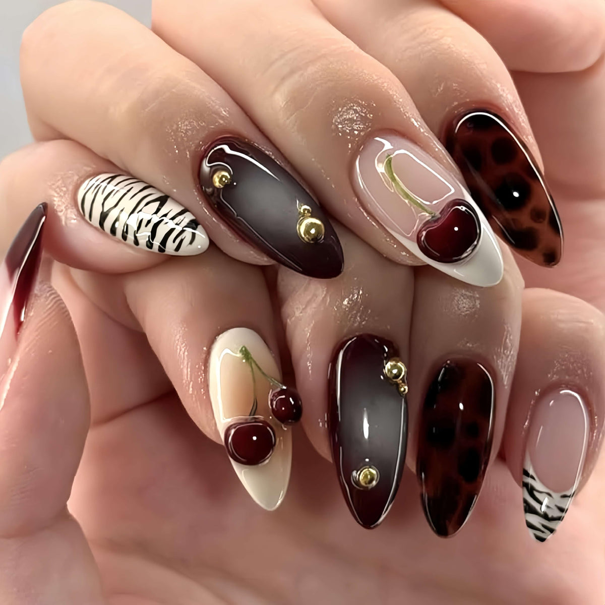 Medium Almond Press On Nails, Milky Nude Fake Nails with White French Tips, Gold Outline Design, Rhinestone and Pearl Accents, Glossy Reusable Glue On Nails for Women Wedding, 24PCS