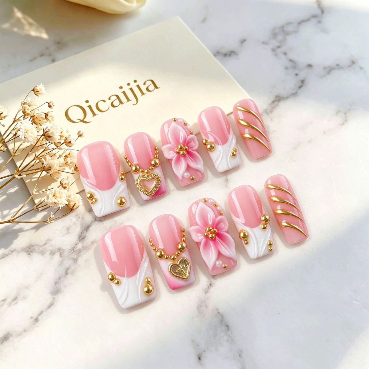 Handmade Press on Nails Medium Square Brown Gradient False Nails with 3D Flower and Swirl Design French Tip Fake Nails Luxury Reusable Acrylic Nails Press Ons for Women 10Pcs (Size M)
