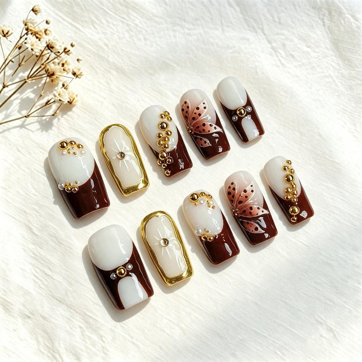 Handmade Press on Nails Medium Square Brown Gradient False Nails with 3D Flower and Swirl Design French Tip Fake Nails Luxury Reusable Acrylic Nails Press Ons for Women 10Pcs (Size M)