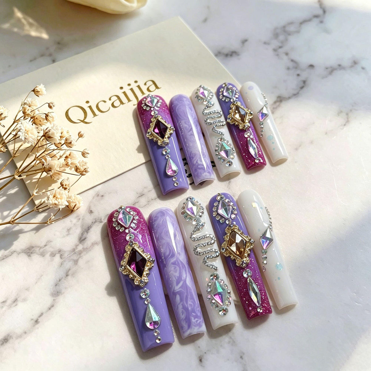 Luxury Handmade Press on Nails Long Coffin Fake Nails Rhinestone Crystal Full Cover False Nails with Glue with Designs Sparkly Long Acrylic Nail Reusable Stick on Nail for Women 10Pcs(Size M)