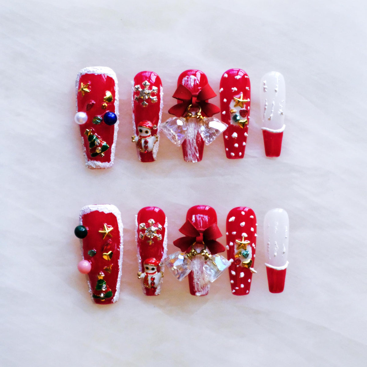Luxury Handmade Press On Nails, Vintage Bohemian Style, Long Stiletto Shape, Crystal Heart Gems, Gold Stars Design, 10 Pieces (Large, LS)