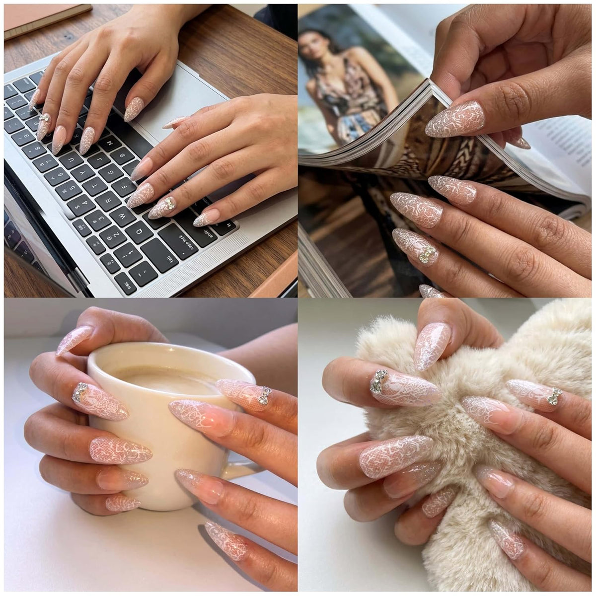 Lace Print Short Almond Press On Nails with 3D Rhinestones 24Pcs
