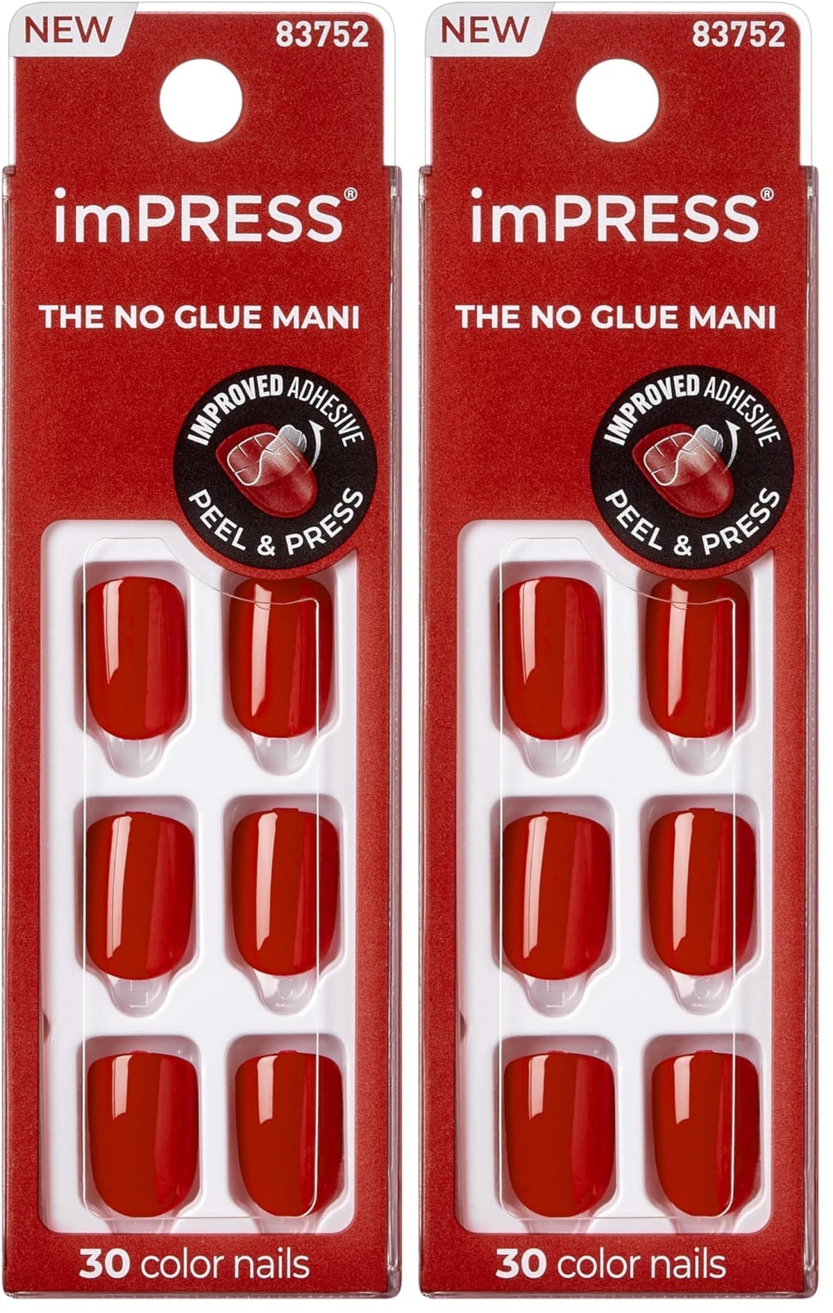 Kiss Impress No Glue Mani Press On Nails Kit, Over You, 30 Red Peel and Stick Nails, Super Slim Short Squoval, Glossy Gel Finish, PureFit Technology, Includes Prep Pad, Manicure Stick & Mini File