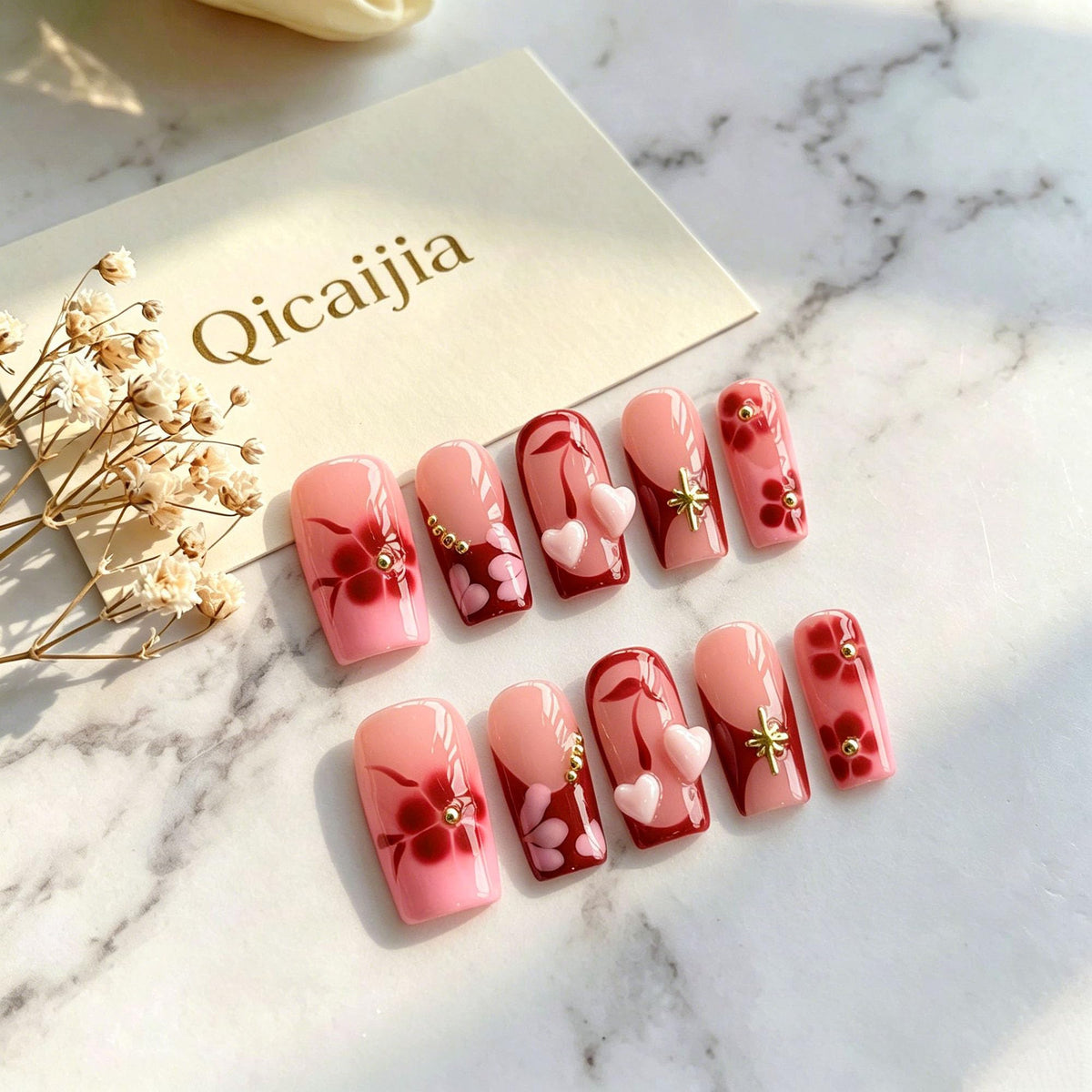 Handmade Press on Nails Medium Square Brown Gradient False Nails with 3D Flower and Swirl Design French Tip Fake Nails Luxury Reusable Acrylic Nails Press Ons for Women 10Pcs (Size M)